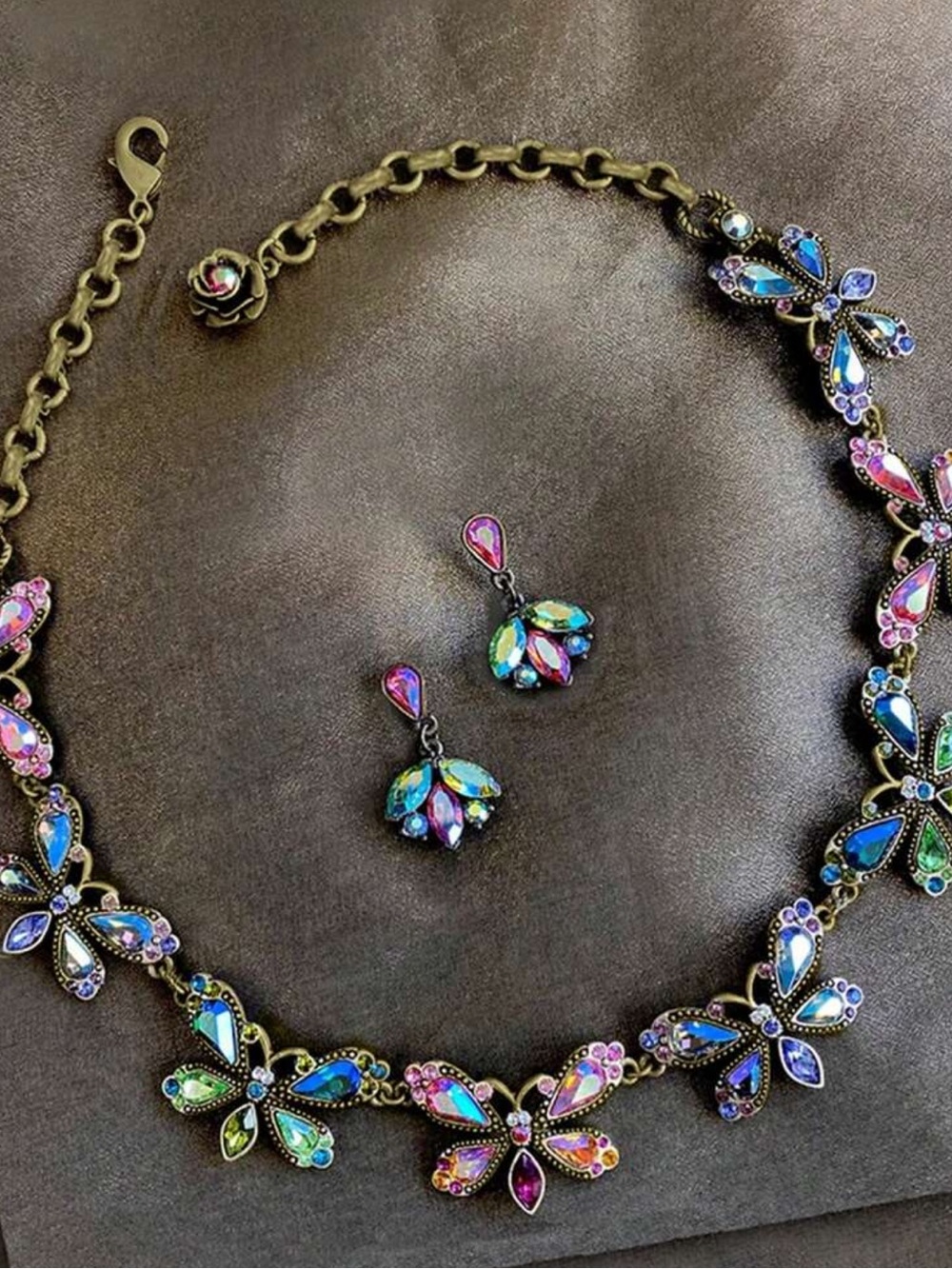 Multicolor Crystal Butterfly Necklace & Earrings Set